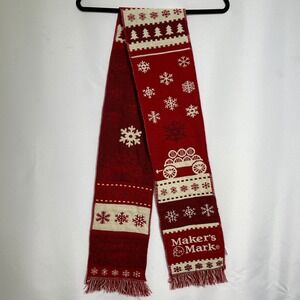 Maker's Mark Bourbon Whiskey Red Cream Snowflake Wagon Fringe Holiday Knit Scarf